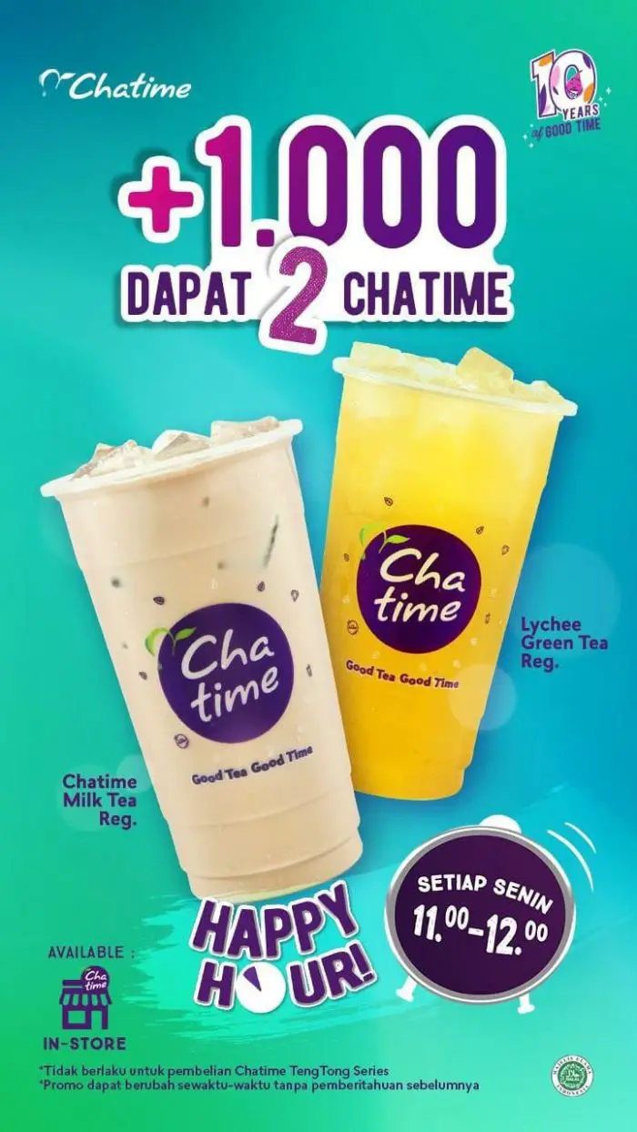 Promo Chatime Happy Hour Senin Dua Minuman Tambah Rp 1000 | FoodieRate