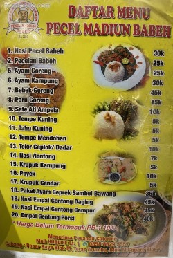 Daftar Harga Menu Pecel Madiun Babeh Darmo