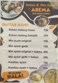 Daftar Harga Menu Bakso & Mie Ayam Arema