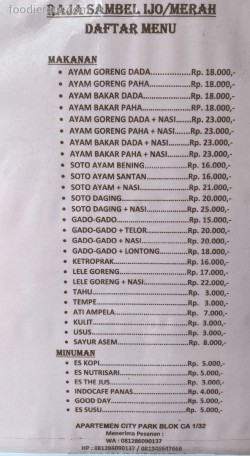 Daftar Harga Menu Raja Sambel Ijo/Merah